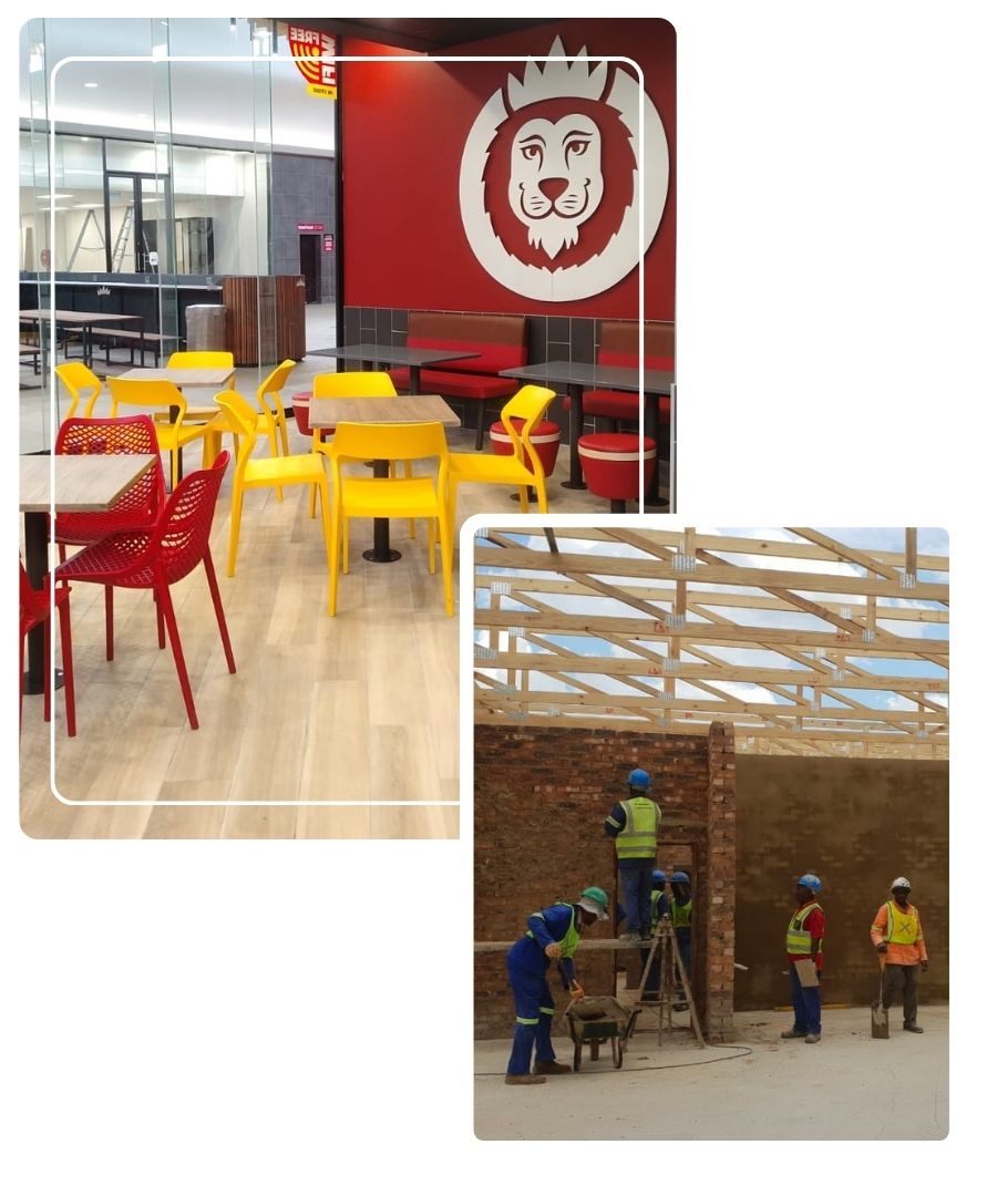 Completed commercial restaurant fit-out alongside active building construction showing multi-trade coordination and structured project delivery in South Africa