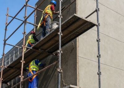 Construction workers on scaffolding applying plaster to building exterior showing safe and structured working at height