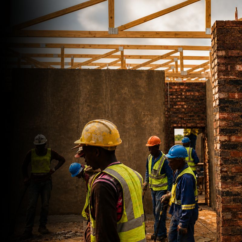 Construction team working on building structure with brickwork and roof trusses showing active project execution and site coordination