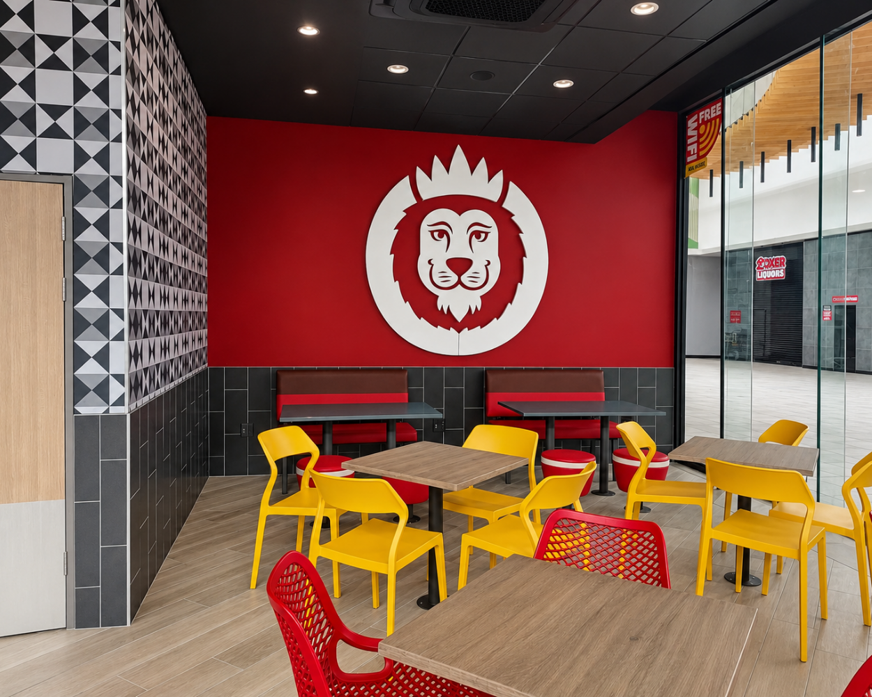 Modern Restaurant Interior Fit-Out Construction workers on scaffold performing façade repair and structural surface restoration on a commercial building exterior in South Africa