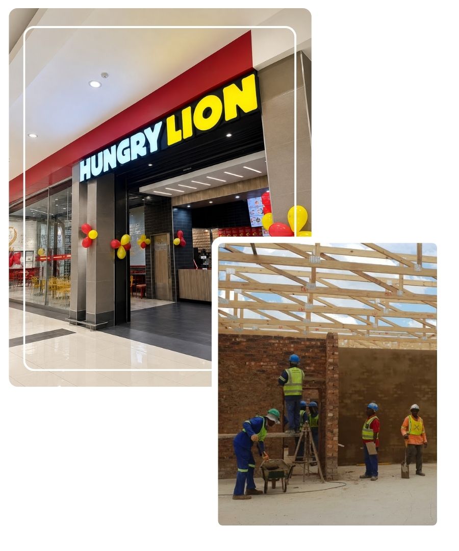 Rodeoworx - Commercial Building Renovation and Construction Works Completed commercial building exterior shown alongside Rodeoworx construction teams carrying out structural building work on site.
