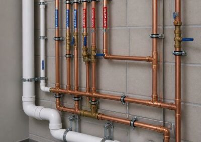 Organised copper and PVC piping system with labelled lines and controlled routing in a commercial plumbing installation
